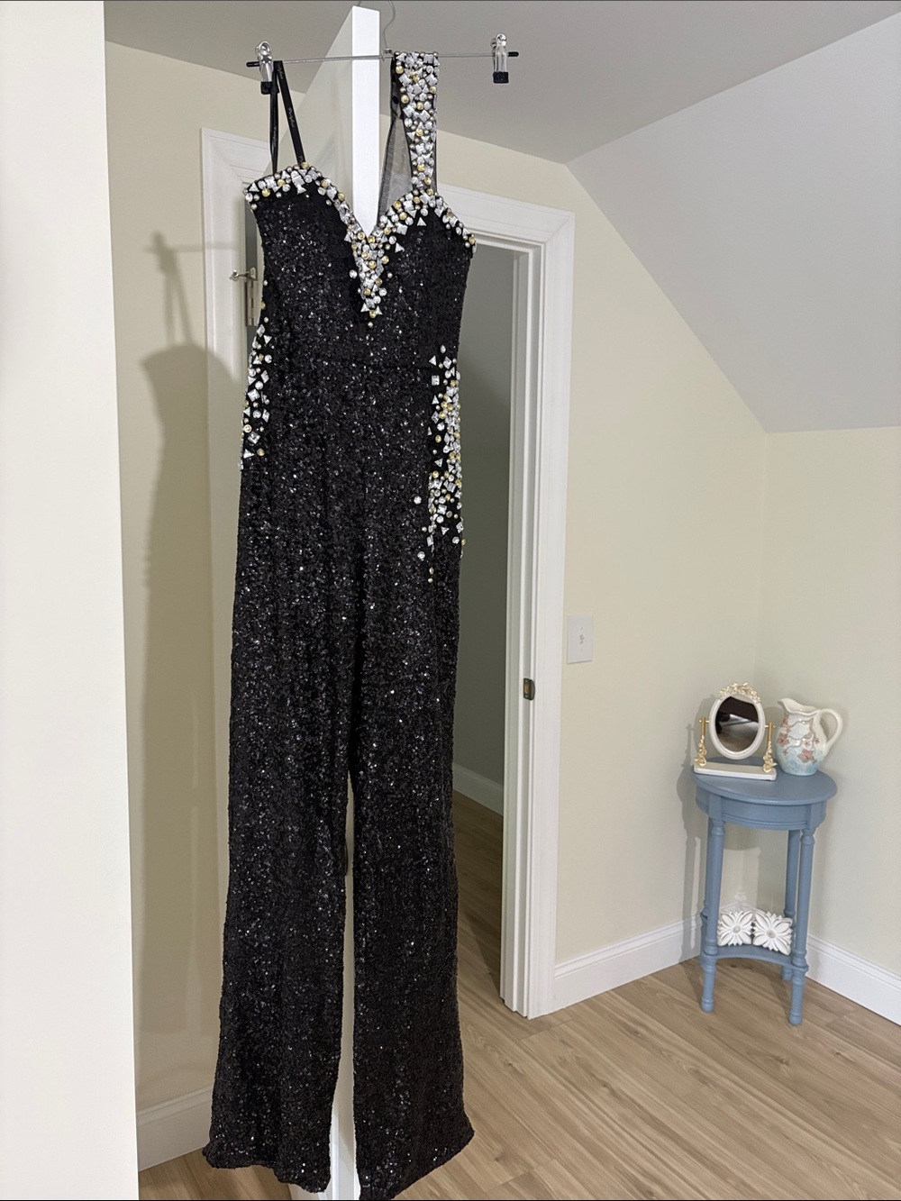 Party Time Formals Black Sequin V-Neck Jeweled Wide-Leg Jumpsuit